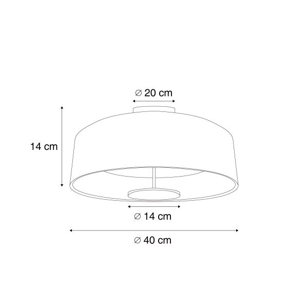 Maßskizze Deckenleuchte: Höhe 14 Zentimeter, oberer Durchmesser 20 Zentimeter, unterer Durchmesser 40 Zentimeter, Innendurchmesser 14 Zentimeter.