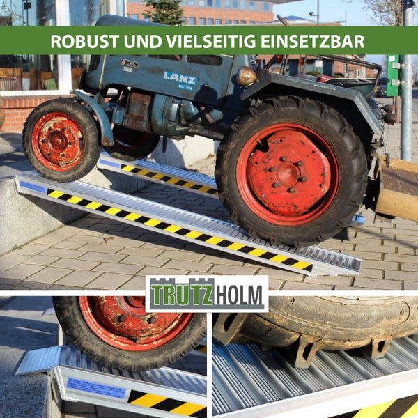 Tragkraftrampe mit Warnmarkierung und einem Traktor