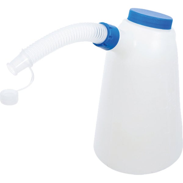 Messkanne aus Kunststoff mit flexiblem Auslaufrohr und blauen Schraubverschlüssen