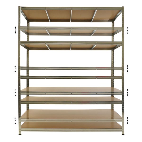 Schwerlastregal aus Metall mit höhenverstellbaren Holzböden.