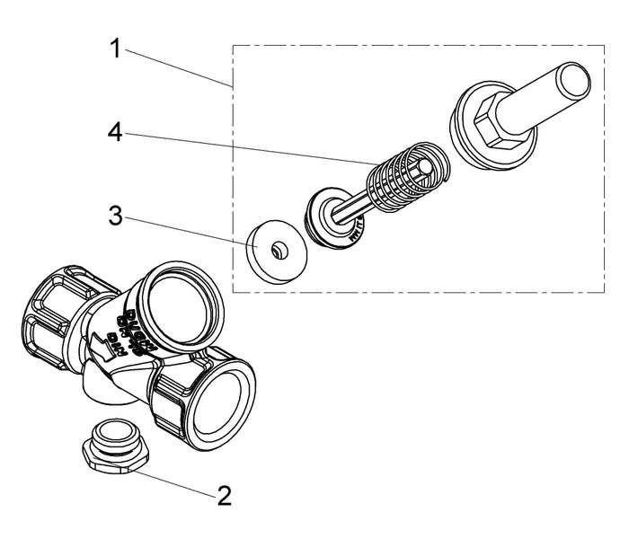 Explosionszeichnung eines Ventils mit nummerierten Ersatzteilen wie Feder, Dichtung und Ventileinsatz.