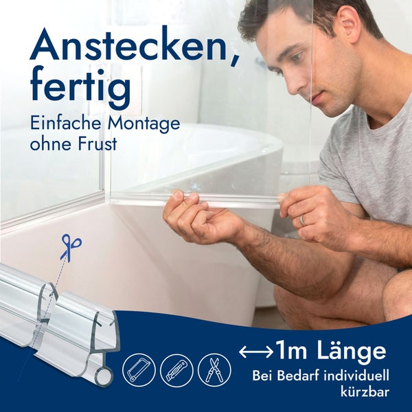 Ein Mann montiert eine Duschdichtung an der Glasscheibe einer Badewanne in einem hellen Badezimmer. Die Dichtung ist ein Meter lang und kürzbar.