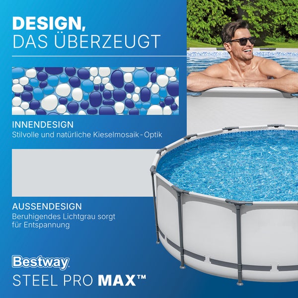Bestway Steel Pro MAX Aufstellpool mit hellgrauer Außenwand und blauem Kieselmosaik-Innendesign. Ein Mann lehnt am Rand des runden Pools.
