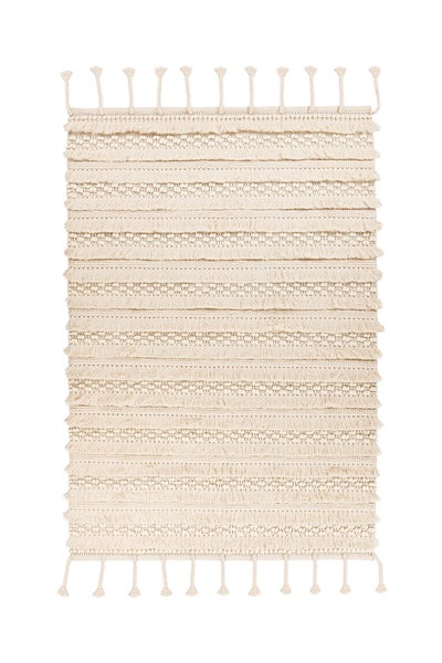Cremefarbener gewebter Teppich mit strukturierten horizontalen Streifen und Quasten.