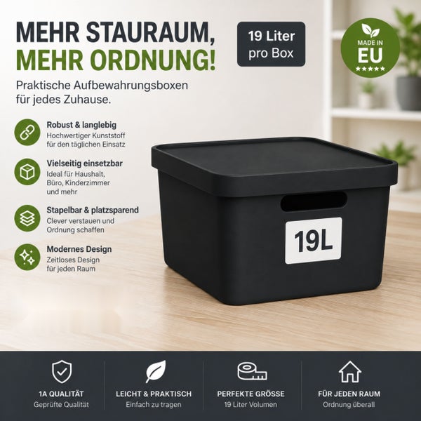 Stapelbare Aufbewahrungsbox aus Kunststoff mit 19 Liter Volumen für Haushalt und Büro mit Deckel und Tragegriffen.