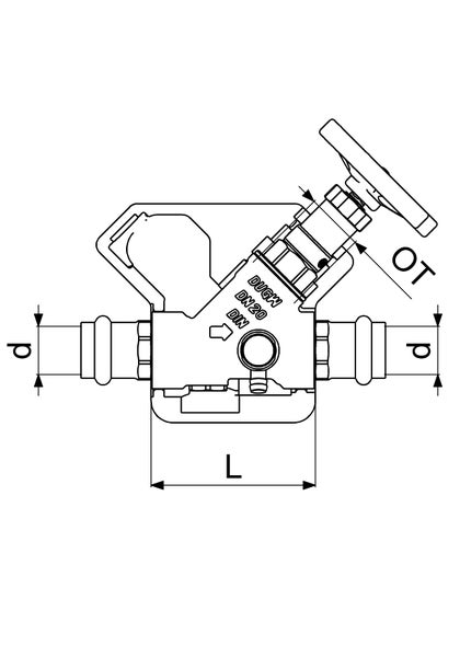 Maßzeichnung eines Schrägsitzventils Nennweite 20 mit Pressanschluss, zeigt die Maße für Länge und Durchmesser.