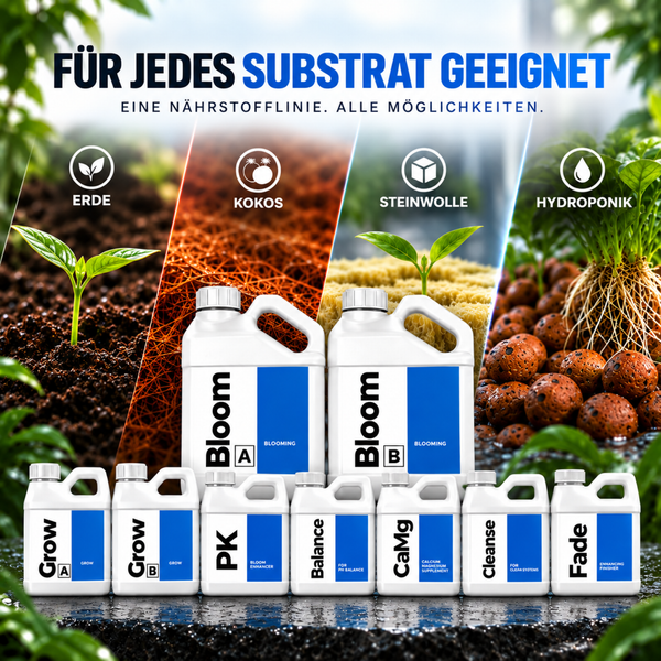 Eine Auswahl an Pflanzendünger in Kunststoffkanistern, geeignet für Erde, Kokosfaser, Steinwolle und Hydroponik zur optimalen Pflanzenversorgung.