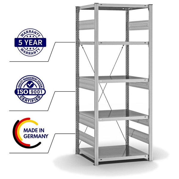 PROREGAL Fachbodenregal Stecksystem T-Profil Heavy-Duty Grundregal HxBxT 200 x 75 x 60 cm 5 Ebenen Fachlast 300 kg Einseitig Nutzbar Verzinkt