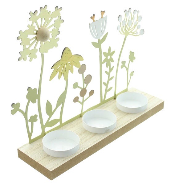 FRANK FLECHTWAREN | Teelichthalter Blumenwiese, METALL, MDF, 27 x 7 x 21 cm