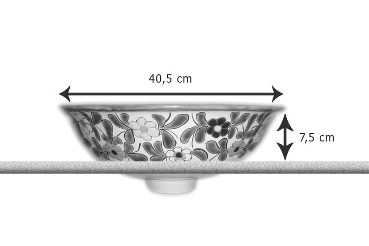 Keramikwaschbecken mit Blumenmuster, Durchmesser 40,5 cm und Höhe 7,5 cm