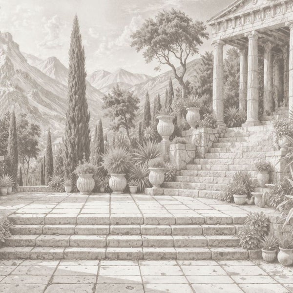 Wandbild mit Darstellung einer Tempelanlage mit Treppen und Bepflanzung