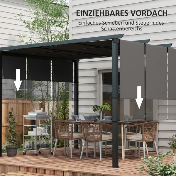Terrasse mit einziehbarem Vordach, Esstisch und Stühlen für den Außenbereich.