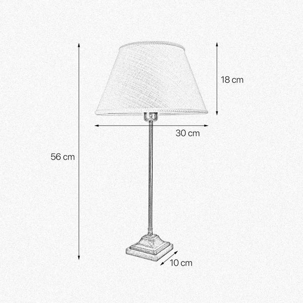 Skizze einer Tischleuchte mit den Maßen 56 cm Höhe, 30 cm Lampenschirmbreite, 18 cm Lampenschirmhöhe und 10 cm Sockelbreite.