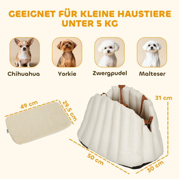 Transporttasche für Haustiere unter 5 Kilogramm, Maße 50 mal 30 mal 31 Zentimeter, inklusive Matte 49 mal 29,5 Zentimeter, für kleine Hunde.