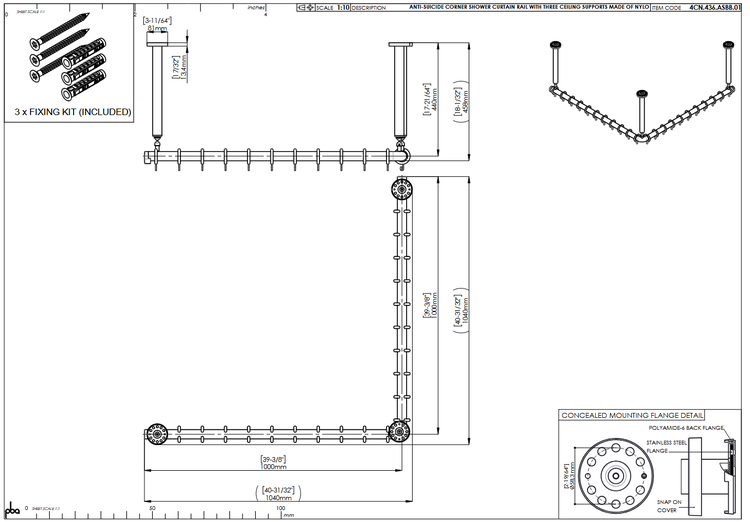 Technische Zeichnung einer Eck-Duschvorhangstange mit drei Deckenstützen aus Nylon, inklusive Maßangaben und Befestigungsset.