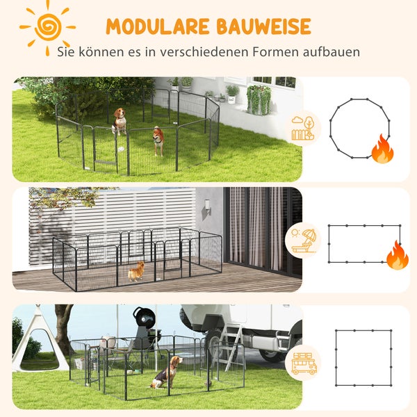 PawHut Welpenauslauf 80 cm Hoch, 12-TLG Welpenlaufstall mit 2 Tür, DIY Hundelaufstall Freilaufgehege für mittelgroße Hunde, Kaninchen, Meerschweinchen, Stahl, Grau