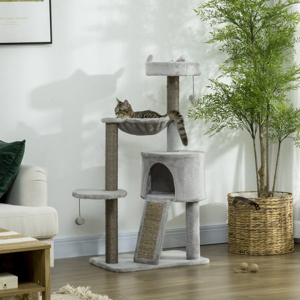 PawHut Kratzbaum Katzenkratzbaum mit Sisalsäule Katzenhöhle 113 cm Katzenbaum mit Rampe Spielbaum mit Katzenspielzeug Hängematte Hellgrau