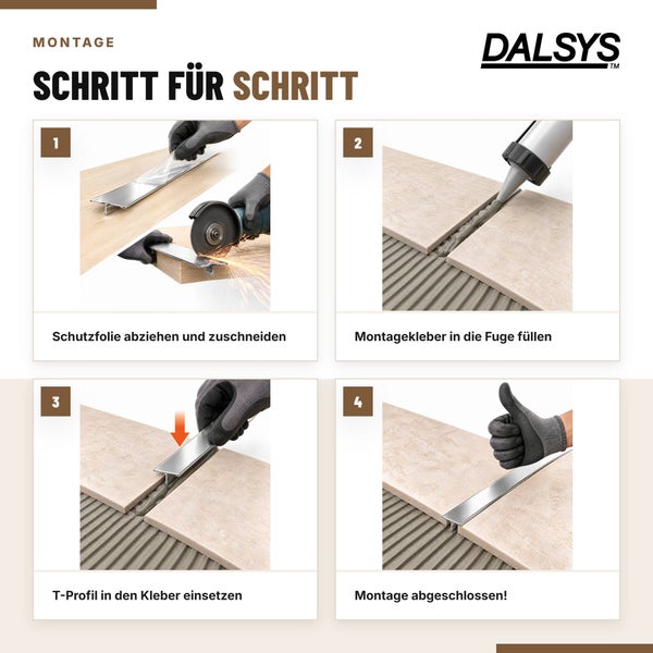 Dalsys Logo und Schritt für Schritt Anleitung zur Montage eines T-Profils mit Schutzfolie entfernen, Zuschneiden, Kleben und Einsetzen.