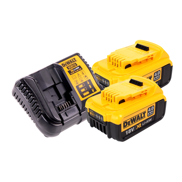 DeWalt Akku-Starter-Set mit zwei 18 Volt Lithium-Ionen Akkus mit 4,0 Amperestunden und einem Ladegerät.