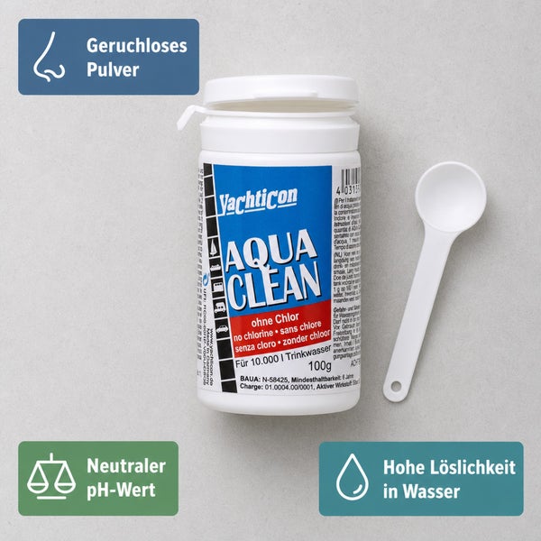 Vachticon Aqua Clean Trinkwasserdesinfektion 100 Gramm Pulver zur Wasseraufbereitung mit Dosierlöffel geruchlos und chlorfrei