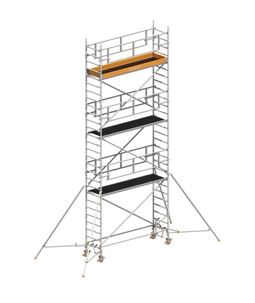 Fahrgerüst mit mehreren Plattformen und Layher Logo