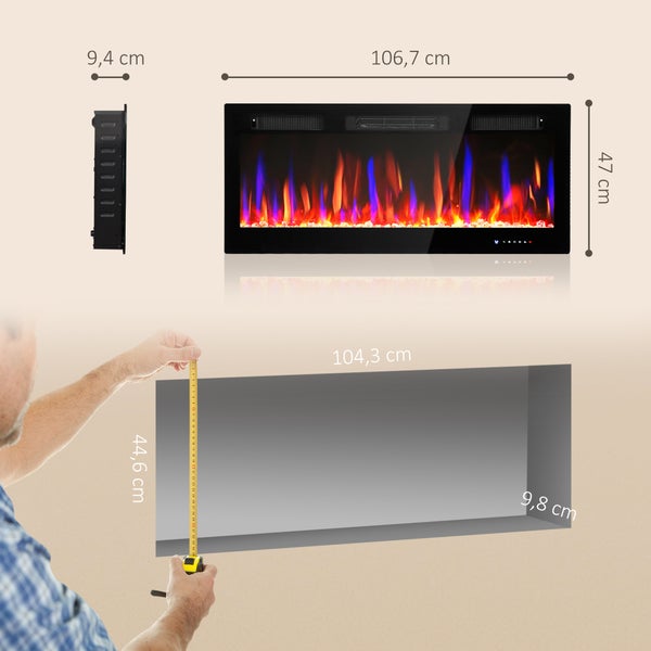 Elektrischer Kamin mit Panelsteuerung und Fernbedienung zur Einstellung von Kristall, 24-Stunden Zeitschaltuhr, Temperatur und Flamme.