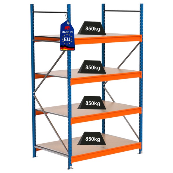 Lagerregal mit vier Ebenen und einer Traglast von 850 Kilogramm pro Ebene, Made in EU Siegel