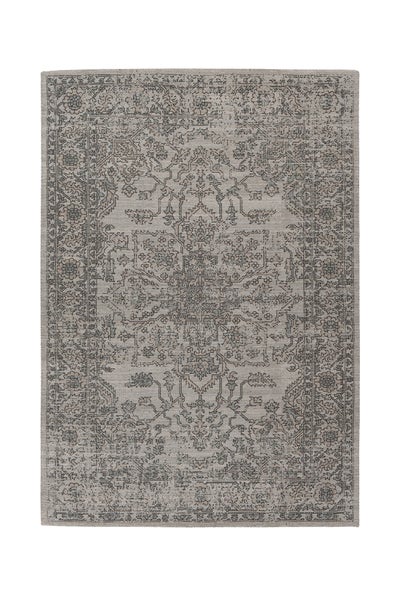 Rechteckiger Teppich in Grau und Beige mit traditionellem orientalischem Muster und Bordüre im Vintage-Stil.