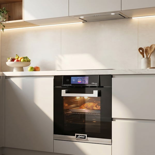 Einbau Backofen von Kaiser mit digitalem Display und Sichtfenster in einer modernen hellen Küche mit Obstschale auf der Arbeitsplatte.