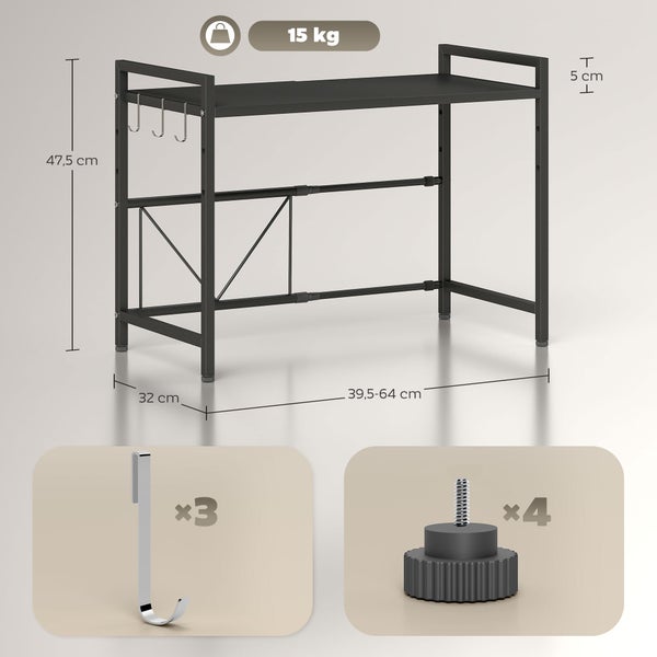 Ausziehbares Küchenregal aus Metall, Maße 47,5 x 32 x 39,5 bis 64 Zentimeter, inklusive 3 Haken, 4 Standfüßen und 15 Kilogramm Traglast.