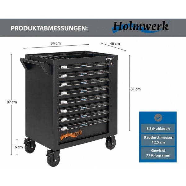 Holmwerk Werkstattwagen mit 8 Schubladen. Breite 84 Zentimeter, Tiefe 46 Zentimeter, Höhe 97 Zentimeter. Holmwerk Logo.