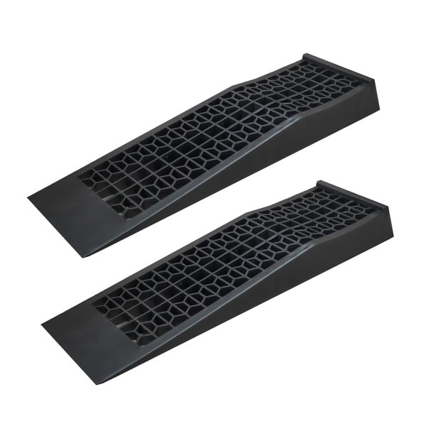 Zwei schwarze Auffahrrampen aus Kunststoff mit rutschhemmendem Wabenmuster für Fahrzeuge.