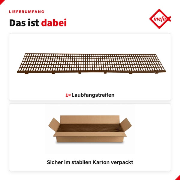 Lieferumfang eines Laubfangstreifens von inefa, sicher verpackt in einem stabilen Karton.