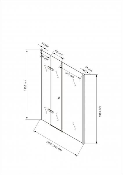 Technische Zeichnung einer Duschkabine mit Maßangaben