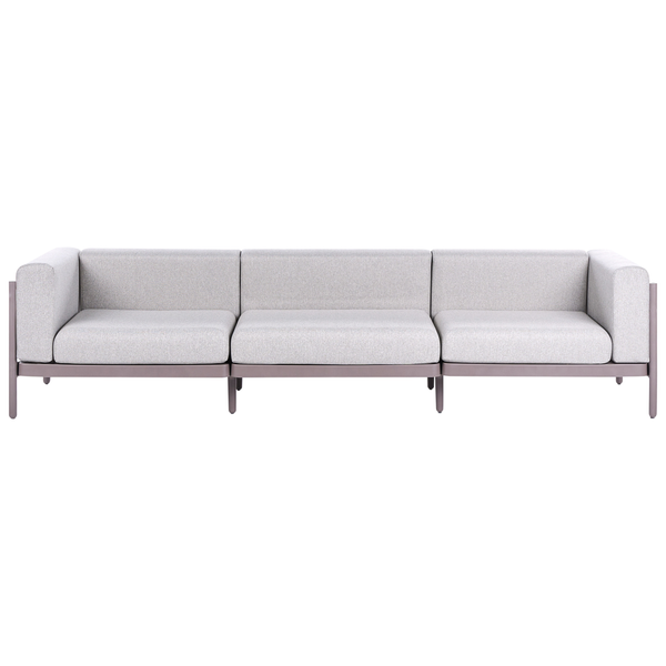 Dreisitzer Gartensofa, Lounge-Sofa mit grauem Metallgestell und hellgrauen Polstern für Garten oder Terrasse.