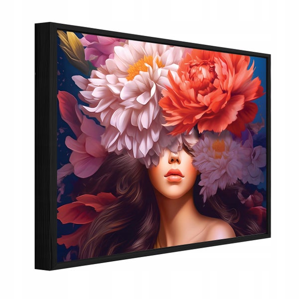 Wandbild mit einer Frauenfigur und floralem Motiv im schwarzen Rahmen im Querformat