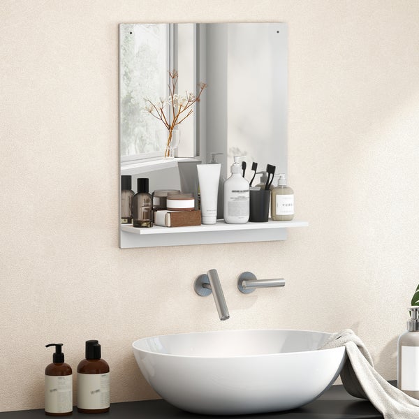 Rechteckiger Badezimmerspiegel mit integrierter weißer Ablage über einem runden Aufsatzwaschbecken und moderner Wandarmatur.