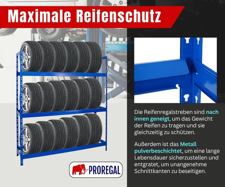 PROREGAL Reifenregal aus pulverbeschichtetem Metall mit drei Ebenen und nach innen geneigten Streben für maximale Reifenschonung und PROREGAL Logo.