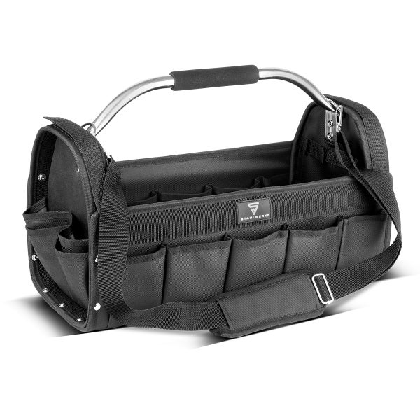 Werkzeugtasche aus Textil mit Tragegriff und Schultergurt