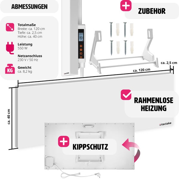 Abbildung einer Heizung mit Zubehör, Abmessungen und Produktdetails.
