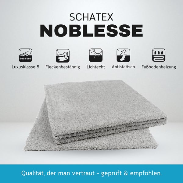 SCHATEX Noblesse Teppichfliesen mit Luxusklasse 5, fleckenbeständig, lichtecht, antistatisch und für Fußbodenheizung geeignet.