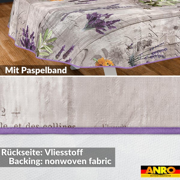 ANRO Tischdecke mit Lavendel-Motiv, Paspelband, Vlies-Rückseite und ANRO Logo.
