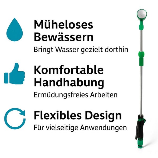 Teleskop-Gießstab für den Garten mit Funktionen für müheloses Bewässern, komfortable Handhabung und ein flexibles Design.