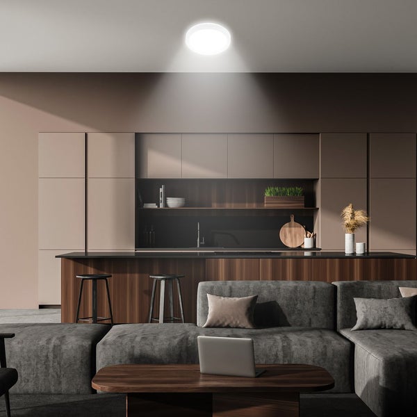 Moderne, organisierte Wohnküche mit runder LED-Deckenleuchte, grauem Stoffsofa und minimalistischen Küchenschränken aus dunklem Holz.