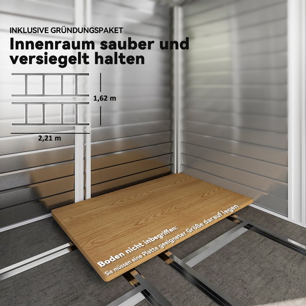 Innenansicht eines Gerätehauses mit Gründungsrahmen aus Metall, Maße 2,21 mal 1,62 Meter, beispielhafte Bodenplatte auf dem Rahmen.