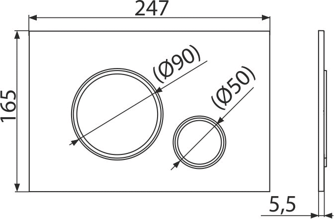 Technische Zeichnung einer WC-Betätigungsplatte mit Maßen 247 mal 165 Millimeter und Tastendurchmessern von 90 und 50 Millimeter.