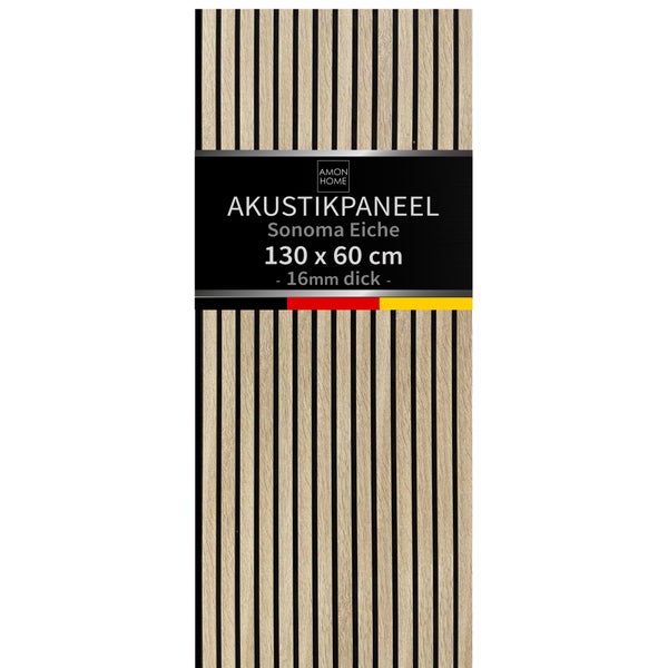 Amon Home Akustikpaneel Sonoma Eiche, 130 mal 60 Zentimeter, 16 Millimeter stark zur Wand- und Deckenverkleidung.