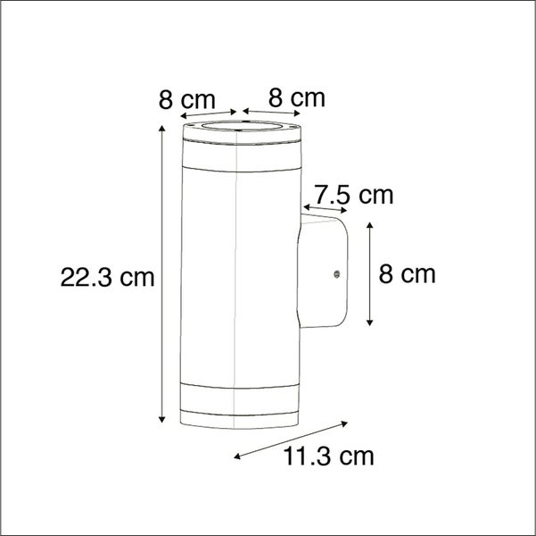 Zylindrische Wandaußenleuchte mit Maßen: Höhe 22,3 Zentimeter, Durchmesser 8 Zentimeter und Gesamttiefe 11,3 Zentimeter.
