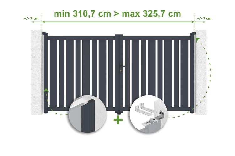 Illustration eines Gartentors mit Breitenangaben und Details zur Montage.