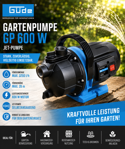 Güde Gartenpumpe GP 600 W Jet-Pumpe, 600 Watt Motor, Förderleistung maximal 3200 Liter pro Stunde, Förderhöhe maximal 35 Meter.